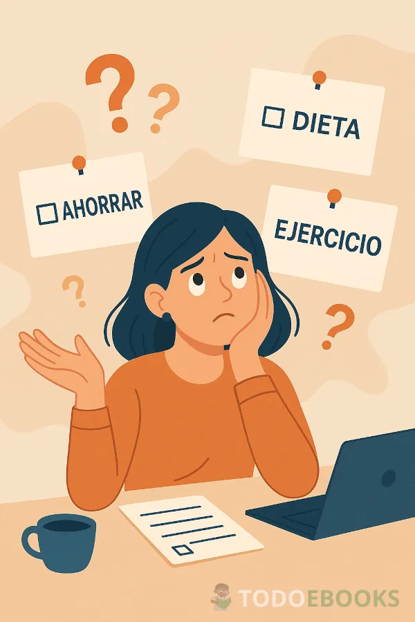 Ilustración de una persona frente a metas desordenadas, representando errores comunes al establecer objetivos