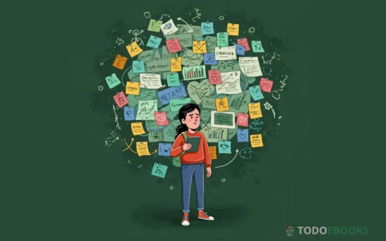 Ilustración de una persona confundida frente a un montón de metas mal organizadas, representando errores comunes al intentar lograr objetivos