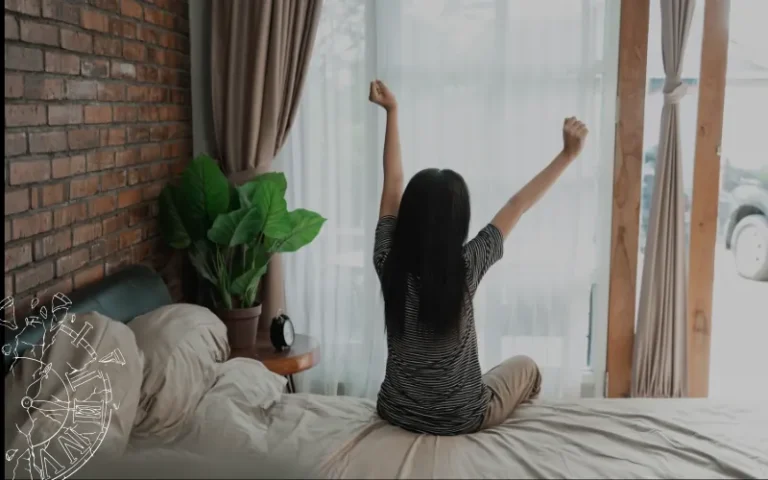 Ilustración de una mujer despertando con energía al amanecer, transmitiendo hábitos saludables para empezar el día